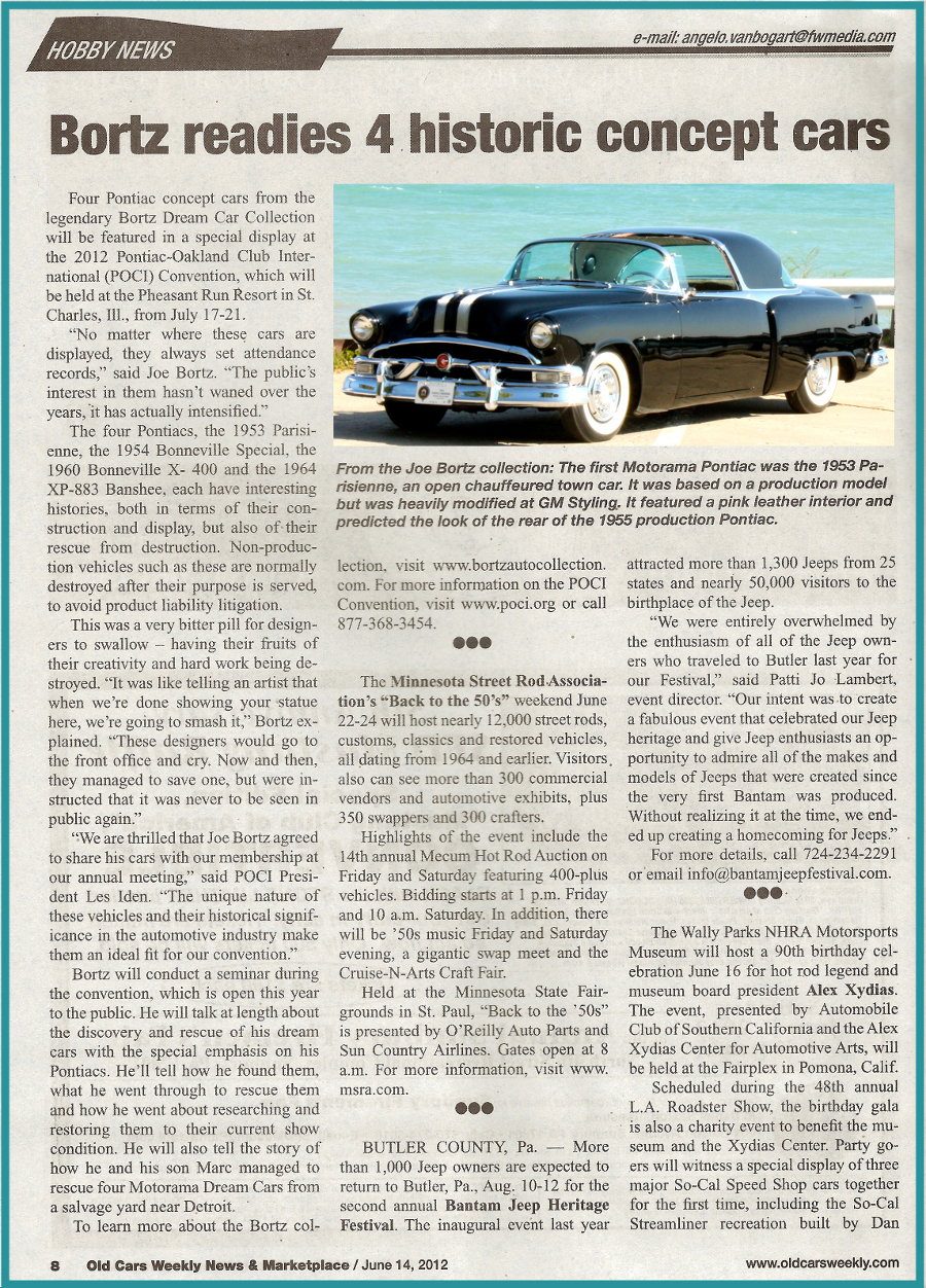 Bortz readies 4 historic concept cars by Angelo VanBogart, Old Cars Weekly June 14, 2012