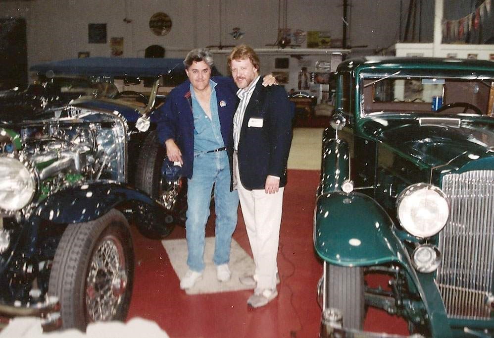 Jay Leno and Joe Bortz at Jay's garage circa 1985.